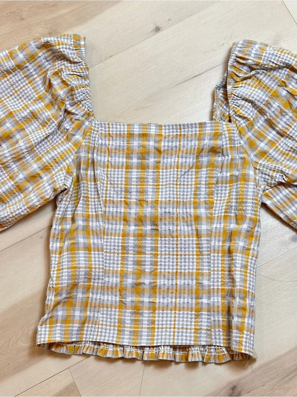 Anthropologie Maeve Plaid Square-Neck Blouse Sz M puff sleeves Casual Travel